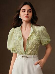 Anewsta Blusa corta de mujer elegante francesa artesanal con mangas abombadas decorada con cuentas y cristales, color verde