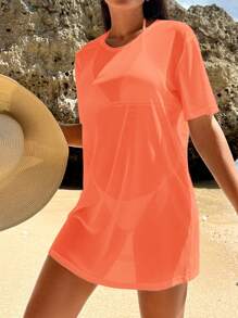 Swim Vcay Women's Solid Color Crew Neck Short Sleeve Cover Up Dress, For Vacation For Summer - Burnt Orange - View 5