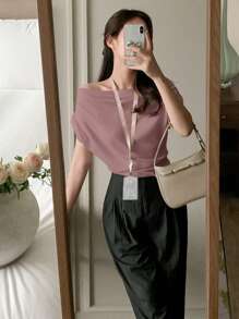 DAZY Women Off Shoulder Ruched Solid Color Casual Short Sleeve T-Shirt