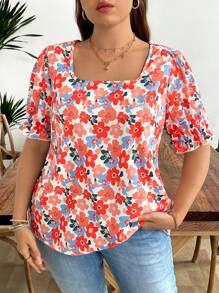 EMERY ROSE Women's Casual Bohemian Style Square Neck Short Sleeve Printed Blouse, Summer