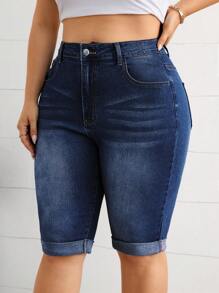 SHEIN Essnce Plus Size Casual Washed Slim Fit Denim Shorts - Dark Wash - View 5