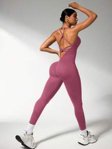 Slayoga Tuta intera da donna con colore unito e schiena incrociata elastica