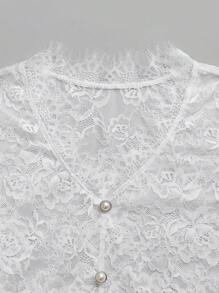 SHEIN Unity Women's Summer Solid Color Lace V-Neck Faux Pearl Beaded T-Shirt - White - View 4