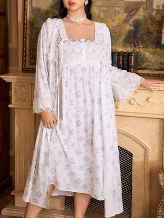 PalaceNights 加大码复古宫廷风格小碎花无袖长款睡袍娃娃装和睡袍套装奢华家居服