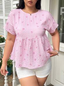 SHEIN EZwear 大码女式夏季休闲条纹蝴蝶结印花衬衫