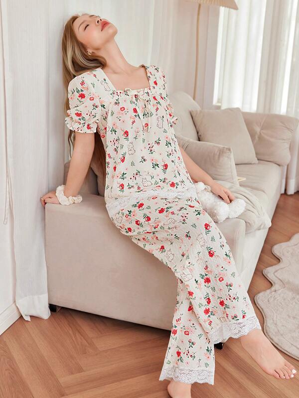 Dream Adore Romantic Ditsy Floral Lace Splice Scoop Neck Puff Sleeve Pajama Set