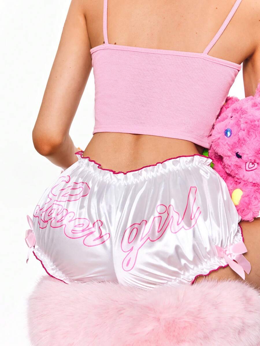 Women's Cute Printed Satin Ruffled Bowknot High Waist Boyshort Panties - White - View 1