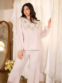 CottageSlumber Plus Size Embroidered Peter Pan Collar Long Sleeve & Long Pants Pajama Set Holiday Season