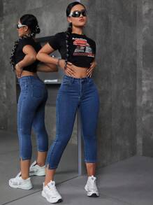 SHEIN EZwear Women's Pocketed Fitted Casual Versatile 7/8 Length Jeans