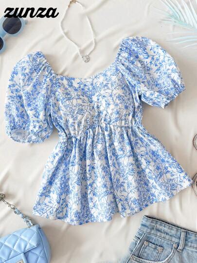 Tween Girls' Blue Ditsy Floral Puff Sleeve Cinched Waist Blouse, Vacation & Countryside Styleholiday,Summer,Travel,Getaway