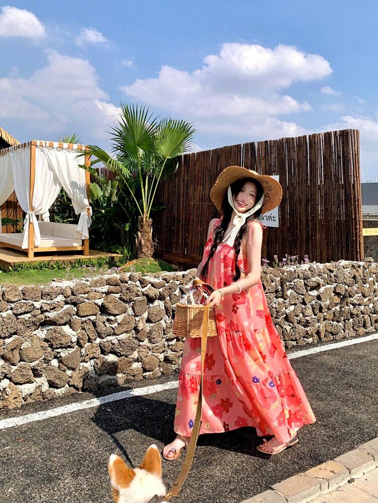 Women's Floral Print Sleeveless Loose Midi Dress, Elegant For Summer Cruise Outfit For Women Boho