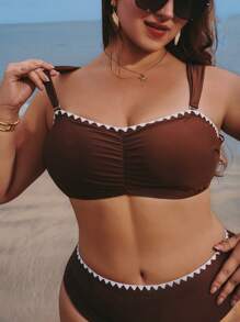 Elaquor 加大码夏季度假海滩撞色边褶饰胸围比基尼套装 - 咖啡棕 - 查看 7