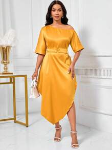 SHEIN Unity Damen Kleid aus Satin mit asymmetrischem Ausschnitt-Design, Taille-Raffung und asymmetrischem Saum - Gelb - Übersicht 4