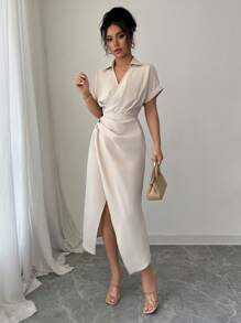 Elenzga Abito elegante da donna con vita plissettata e spacco, colore unito, adatto per l'estate