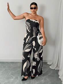 Celure 大码女式两件套热带植物印花抹胸和裤子，休闲假日复古浪漫风格夏季