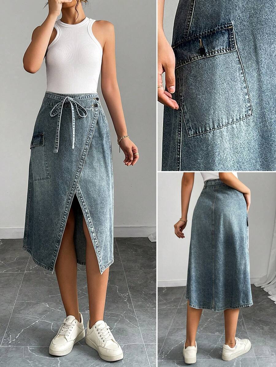 Breezaya Women Casual Tie Waist Open Hem Cargo Pocket Denim Mid-Length Skirt - Blue - View 1