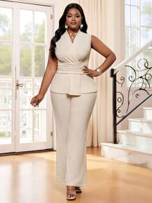SHEIN Lady Spring And Summer Elegant Commuting Office Beige Knitted Textured Overlap Collar Ruffle Hem Long Bell Pants Sleeveless Plus Size Co-Ords Women Clothing Summer Two Pieces Summer Set Office Outfits For Women Summer Outfits For Women Summer Dresses For Women - Khaki - View 6