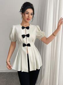 Modelyn Blusa de manga corta con cuello redondo, cintura ajustada con lazo, elegante, grácil y romántica