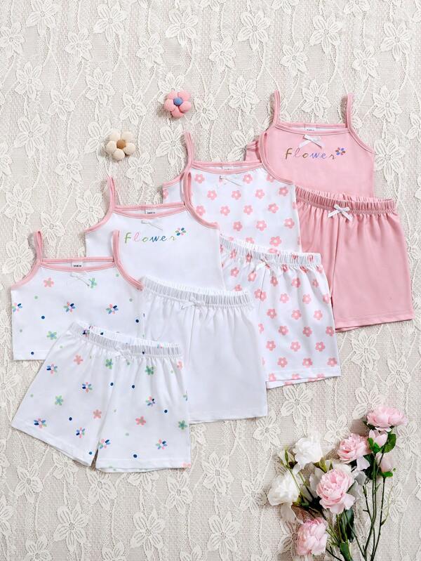 SHEIN Vintaside Kids 8pcs/Set Baby Girls Comfy Versatile Floral Print Camisole Top And Shorts Set, Suitable For Home And Outdoor Wear, Spring/Summer