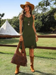 SHEIN LUNE Vestido mini sin mangas con bajo con flecos negro para mujeres, primavera/verano