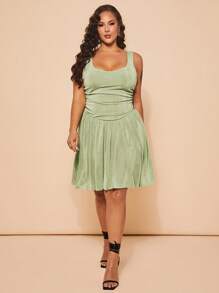 SHEIN BAE 大码女式夏季大码圆领褶皱腰针织背心裙、迷你短裙、适合通勤、度假、夏季、年轻连衣裙、Y2K 炸弹裙、海滩度假裙、毕业裙、生日裙、派对裙、女士夏季服装、毕业裙、女士太阳裙、女士度假服装、女士优雅连衣裙、女士办公室服装、女士节日服装、生日礼服、狂欢服装节 - 綠色 - 查看 5