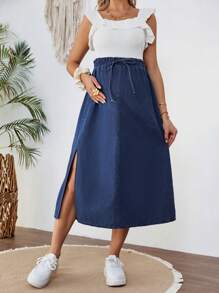 SHEIN Pregnant Women's Summer Casual Blue Denim Loose A-Line Split Skirt - Dark Wash - View 3