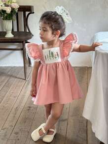 LMoss Kids Baby Mädchen Gestricktes Kleid mit Kontrast-Farbstickerei, quadratischem Kragen und Rüschenbesatz