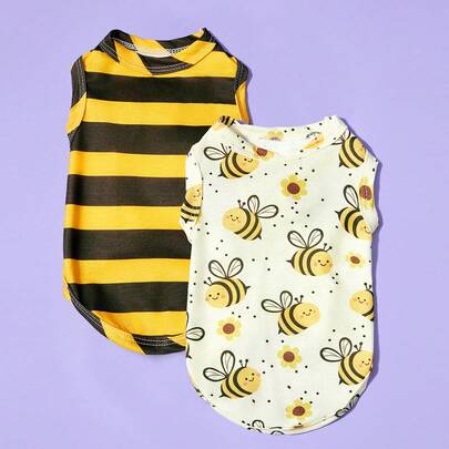 PETSIN 2pcs Pet Cat Dog Unisex Striped Yellow Cute Bee Cartoon Print Comfortable Breathable Dog Vest