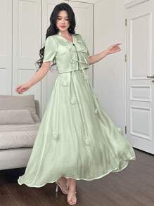 Modelyn 2件套女士3D花卉束腰短袖短款上衣和吊带背心连衣裙 - 綠色 - 查看 4