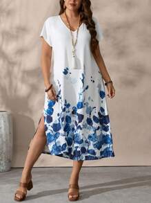 EMERY ROSE Ombre Watercolor Floral Print V-Neck Short Sleeve Plus Size Maxi Dress