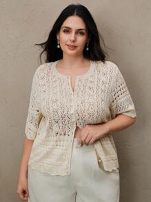 Anewsta 大码女式珍珠纽扣针织开衫 - 杏色 - 查看 5