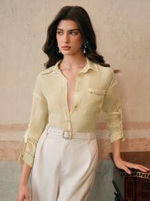 Anewsta 女士梭织串珠宽松优雅经典衬衫，适合老款、端庄、春季 - 黃色 - 查看 2