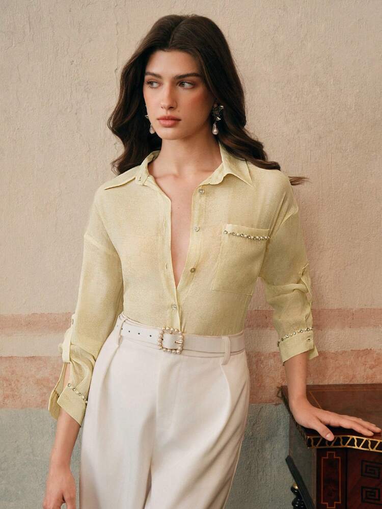 Women's Woven Beaded Loose Fitting Elegant Classic Blouse, Suitable For Old Money, Modest, And Spring