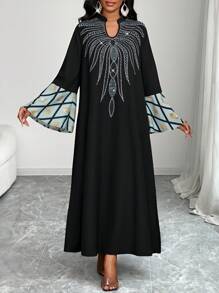 SHEIN Lady Vestido largo con cuello en V y mangas abombadas decorado con strass, estilo bohemio, para mujer. Vestidos de verano, ropa de mujer, vestidos de verano para mujeres, vestidos de mujer, ropa de verano para mujeres, vestidos de verano para mujeres, vestidos de playa para mujeres.