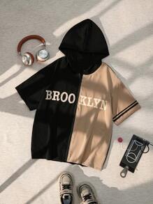 SHEIN Explorewe Jaket Hoodie Lengan Pendek Motif Huruf Gaya Jalanan dengan Blok Warna untuk Remaja Laki-laki, Kasual, Cocok untuk Busana Streetwear Musim Panas - Hitam - View 9