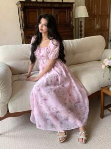 DAZY 女式花卉印花立领泡泡袖褶饰中长连衣裙