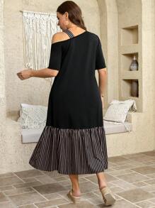 SHEIN LUNE Plus Size Oblique Shoulder Tie Front Striped Casual Dress For Summer Mother's Day Church Outfits Women,Sun Dresses For Women - Multicolor - View 6