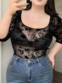 Dazy Plus Blusa ajustada de cuello cuadrado con estampado de flocado para mujer de talla grande, ropa de vuelta al colegio
