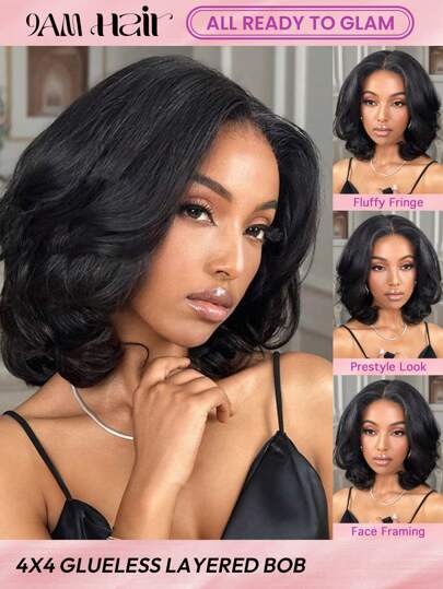 ALL READY WIG Layered Cut Melting Lace 4x4 Glueless Lace Closure Wig 100% Human Hair Natural Black 1B# Bouncy Wave 180% Density Wig Vacation Outfits Travel Festival Prom Outdoor Cosplay Campus School Beach Wedding Camping Holiday Outfits Summer Outfits Vacay Vibes Charm Elegant Casual Y2k Fashion Styles Ss25 Keywords