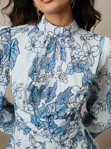 Anewsta 女士碎花宽下摆连衣裙，灯笼袖优雅派对连衣裙，春夏长袖连衣裙 - 藍色 - 查看 5