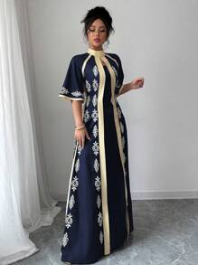 Rafferiza Women's Middle Eastern Style Retro Print Loose Casual Long Robe - Navy Blue - View 6