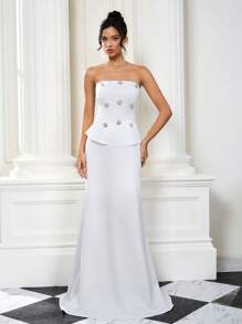 Coutiva Women's Rhinestone Flower Decorated Strapless Fancy Cocktail Party Dress - White - View 4