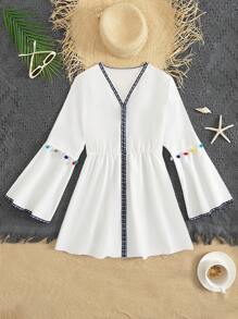White V-Neck Long Sleeve Cover Up With Fashionable Black Trim And Colorful Ball Decorations, For Teenage Girls - White - View 3