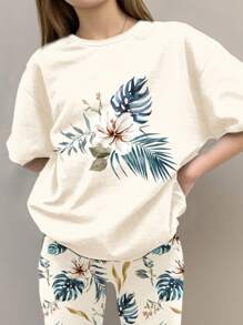 SHEIN Leap Crew 青少年女孩休闲花卉印花宽松短袖圆领 T 恤和阔腿裤两件套，适合夏季度假 - 彩色 - 查看 5