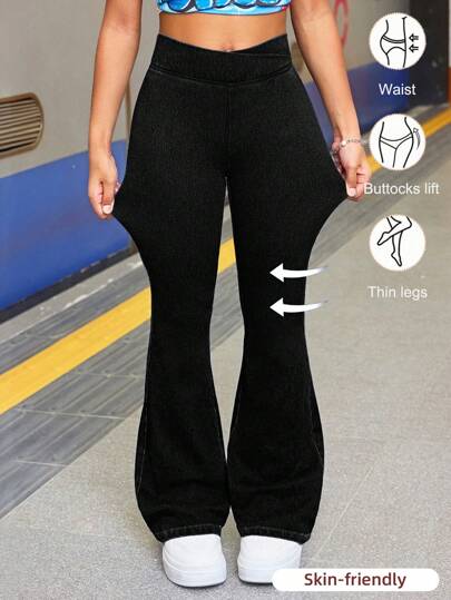 SHEIN Tween Girl Fashion Casual Black Denim Daily Exercise Basics Stretch Slim Flared Jeans For Girls Costume Dailywear And The Four Seasonsr Tween Girl Clothes