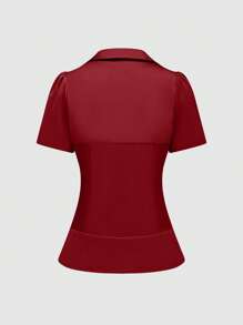 SHEIN Unity Women's Collared Short Sleeve Button-Up Shirt, Solid Color, Fashion, Suitable For Summer - Burgundy - View 2
