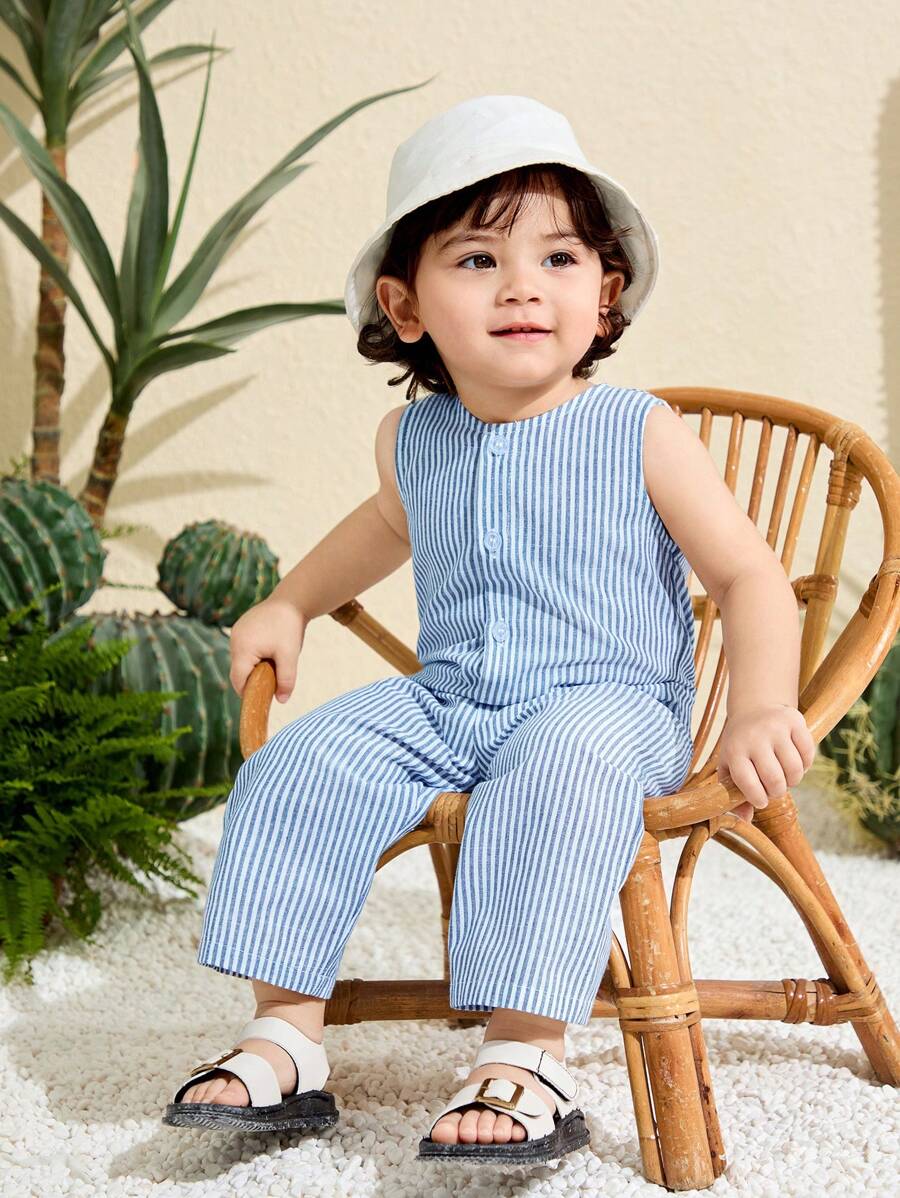 SHEIN Barboteuse de sport rayée décontractée pour bébé garçon/fille, convient pour le port intérieur et extérieur au printemps/été