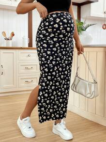 SHEIN Maternity Ditsy Floral Side Slit Adjustable Waist Casual Skirt  Maternity Skirt Maternity Dresses For Women - Cream - View 4