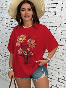 SHEIN VCAY Plus Size Casual Floral Print Round Neck Short Sleeve Loose T-Shirt