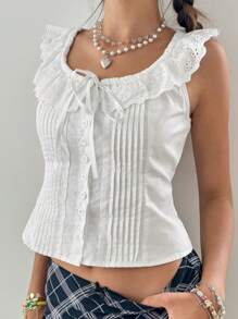 Jouncy Women's Casual White Ruffled Hem Shirt, Summer - White - View 6